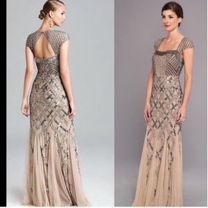 Adrianna Papell Nude Cap Sleeve Beaded Dress Square Neck Size 6